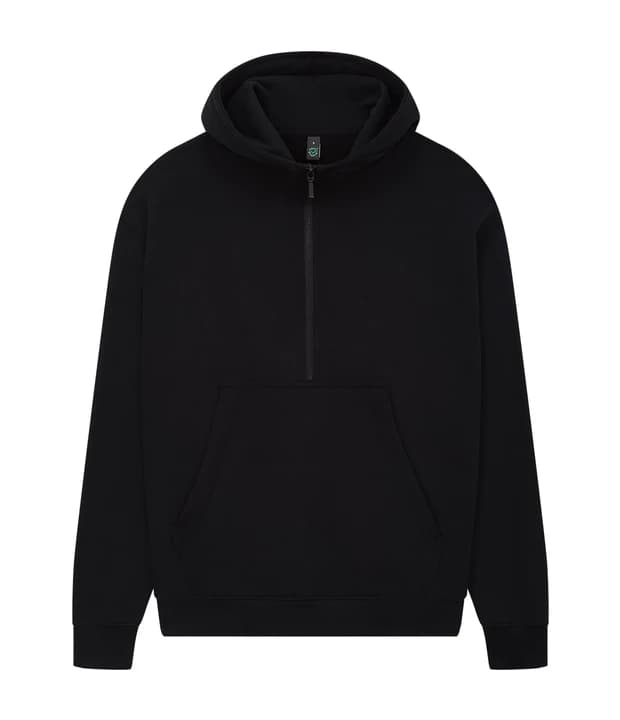 Earth Positive Women's Half-Zip Hoodie in Sueded Black, Vorderseite